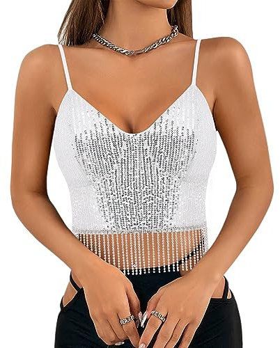 Segreto Damen Glitzer Pailletten Tanktop Sexy Strass Quaste Ärmellos Spaghettiträger Crop Top Trägertop Festival Party Club Silber Camisole