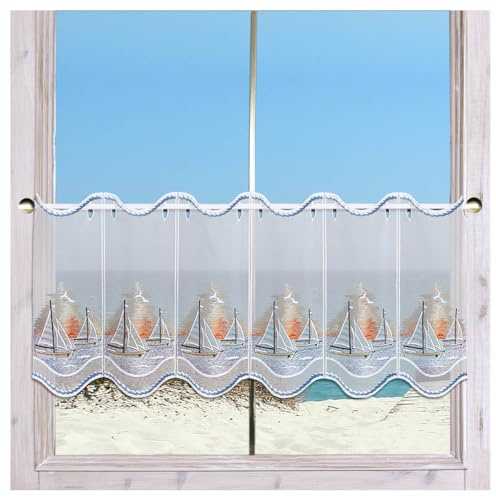 Bestickte Scheibengardine Segeln in den Sonnenuntergang aus Echter Plauener Spitze Maritime Badgardine 35 x 160 cm