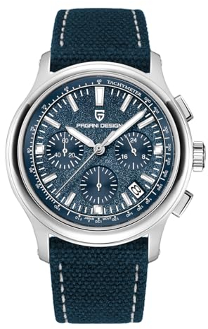 Pagani Design Herren-Quarzuhr, Herren-Chronograph, Japanisches VK63-Uhrwerk, AR-Saphirkristallglas, Lederarmband, 100M wasserdichte Uhr PD-1781 (Blau)