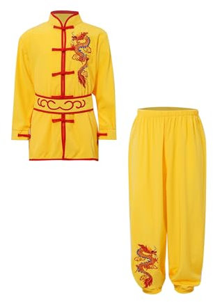 Mufeng Kinder Jungen Tai Chi Uniform Langarm Kung Fu Shirt mit Wushu Hose Chinesisch Kung Fu Wing Chun Stickerei Kostüm Set Sport A Gelb 134-140