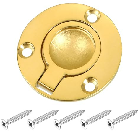 sourcing map Flush Ring Pull, 1.97-inch x 1.97-inch Stainless Steel Round Recessed Door Pull with Screws for Furniture, Boat, Brass Tone