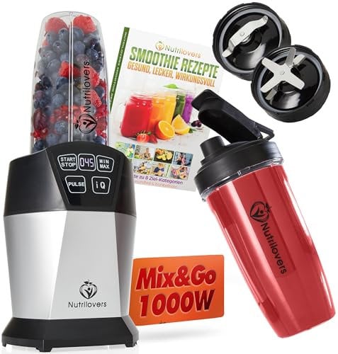 Nutrilovers NUTRI-BLENDER Mixer Smoothie-Maker to go 1000 Watt Standmixer klein Mini-Mixer für Smoothies & Shakes mit Auto-IQ, BPA-frei, Inkl. Rezeptbuch, 2x Becher, 2x Deckel, Smoothie Rezeptbuch
