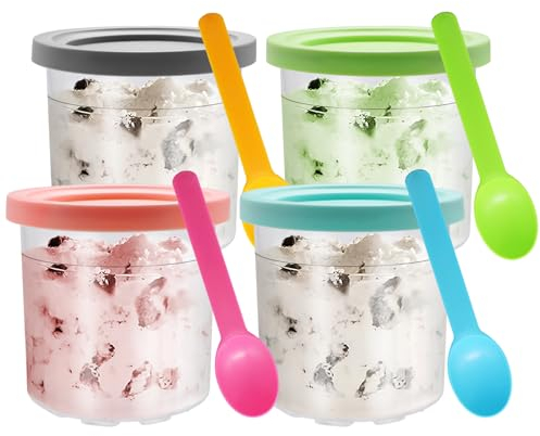 Viceda Ice Cream Pints Cups Set, 4 Pack 16oz Replacement Tubs, Dishwasher Safe, with 4 Colored Lids & Spoons, Ice Cream Cups