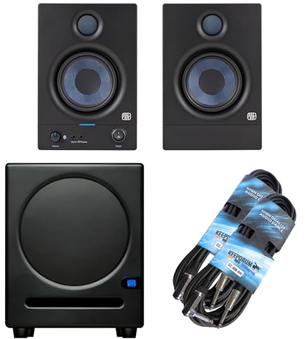PreSonus Eris 4.5 BT Aktive Studio Monitor-Boxen Bluetooth 5.0 Lautsprecher 2nd Gen + Eris Sub 8 BT Subwoofer + 2X keepdrum Klinkenkabel