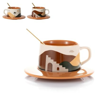 SHENDONG Ceramic Coffee Mug,Cup & Saucer Sets,Novely Tea Cup with Spoon,Creative Oasis Series Espresso Mug,250ml Coffee Cup for Cappuccino Latte Mocha,Gifts for Women,Men and Friends (Desert)