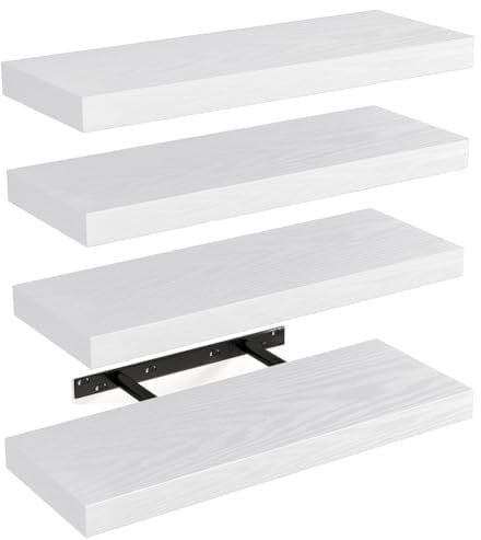 BAKAJI Set 4 Mensole da Parete in Legno Massiccio, Scaffali a Muro Multiuso con Staffe a Scomparsa in Metallo, Scaffalatura per Camera da Letto, Soggiorno, Cucina, Bagno, 40 x 14 x 3 cm (Bianco)