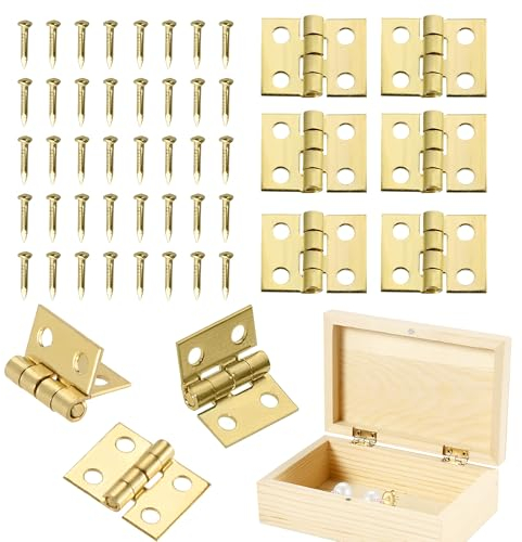 70 bisagras pequeñas para manualidades, con 280 tornillos, color latón, pequeñas mini bisagras en miniatura, 8 x 10 mm, mini bisagras plegables para caja de madera, joyero, gabinete, bricolaje