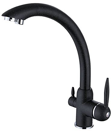 MWYDVHYOT Küchenarmatur mit Auslass for gefiltertes Trinkwasser, bleifreies Messing, 3-in-1-Spültischarmatur, hoher Bogen, 360° drehbar, Doppelgriff-Kalt- und Warmwasser-Mischbatterie, Beige(Noir)