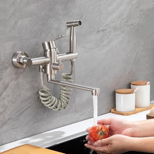 ZYCDP Robinet Cuisine Mural avec Douchette, Robinet de Cuisine en Acier Inoxydable Mitigeur Cuisine Chaud et Froid à Poignée Unique Brossé