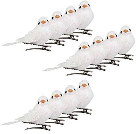12 Stück Künstliche Mini Deko Bling Schaum Vögel für Handwerk Garten Weiß
