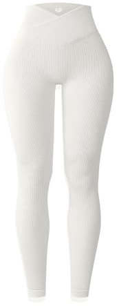 YOAKUKA Yoga Ribbed Leggings for Women High Waisted Tummy Control Seamless Butt Lifting Crossover Workout Gym Athletic Pants Beige