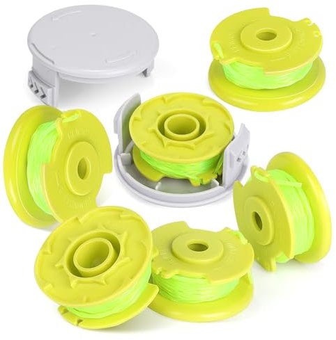 SWAWIS 8 Stück Fadenspule Rasentrimmer Spule für Rasentrimmer Ersatzspule kompatibel mit Ryobi One + 18V 24V 40V Rasentrimmer, Ø2.0mm 3,4M Rasentrimmer Zubehör (6 Fadenspule + 2 Kappendeckel)