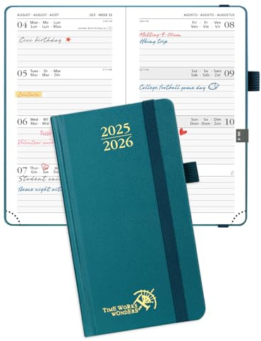 POPRUN Taschenkalender 2025 2026 Klein 16,5 x 9 cm (Aug.2025-Dez.2026) - Kalender 2025 2026 Klein Hardcover - Terminplaner, Planer 1 Woche 2 Seite mit Innentasche - Pazifikgrün