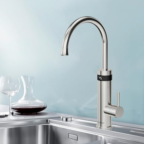 Briwellna Kitchen Electric Instant Water Heater Tap 220V, Stainless Steel Fast Heating Tap, 360 Degree Rotate Instant Hot Water Faucet with Digital Display (Silver)