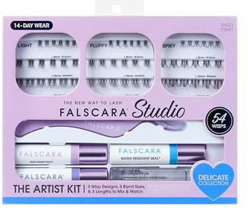FALSCARA STUDIO Lash Extension Kit, 54 Stackable Lash Clusters, Light Volume, 8mm-12mm, ‘Delicate’, False Eyelashes, InfuseBond, Water-Resistant Seal, BondBoost, Hydro Cleanser, Applicator