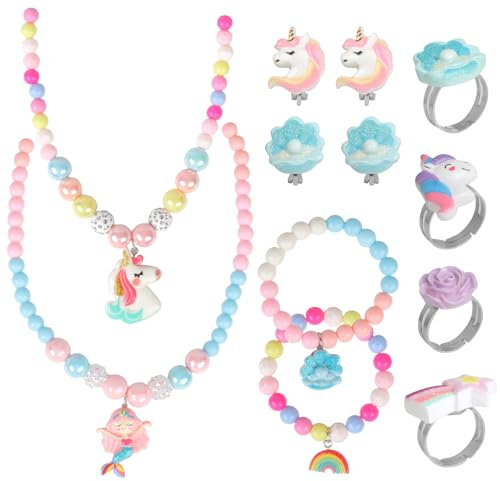 Kinderschmuck Mädchen Set, 2 Stück Perlenkette und 2 Armband, 2 Paar Ohrclips Mädchen, 4 Ringe, Schmuckset Kleinkind, Niedlich Kinderschmuck, für Geburtstags Party, DIY usw.
