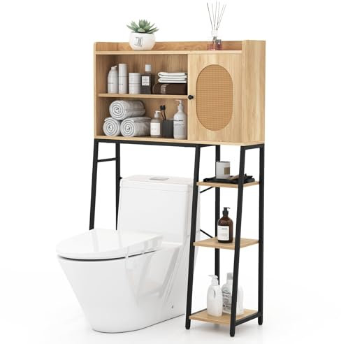 LIFEZEAL Meuble Dessus WC, Meuble Toilettes Salle de Bain Rangement, avec Portes en Rotin et Étagère, Rangement au-Dessus des Toilettes avec Cadre Métallique, 89 x 29 x139 cm, Naturel