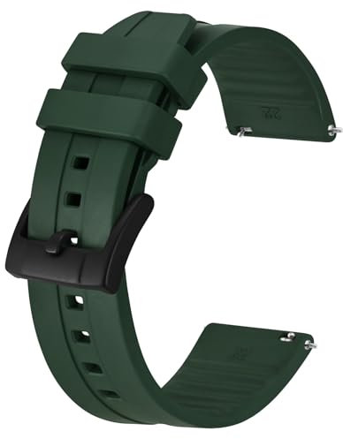 BISONSTRAP Klassisches Uhrenarmband 24mm, Fluorkautschuk (FKM) Gummi Armband, Uhren-Ersatzarmbänder für Herren und Damen, Robuster Verschluss, Dunkelgrün (Schwarze Schnalle)