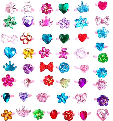 JSTHHTT 50 Stück Mädchen Ringe, Prinzessin Schmuck Set, Einstellbar, Keine Duplikation, Mädchen Vorgeben spielen und Verkleiden Ringe für Kinder Geburtstag Party Favors