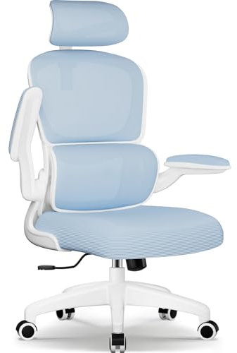 Aiidoits Bürostuhl, Ergonomischer Chefsessel mit Klappbaren Armlehnen, Verstellbarer Kopfstütze und Lendenwirbelstütze, Wippfunktion bis 135°, 150 kg Traglast, Blau