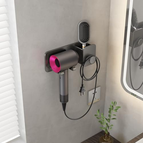 Voldra Fönhalter Ohne Bohren Wandmontage, Selbstklebende Föhn Halterung Föhnhalterung Bad Ohne Bohren mit Stecker & Kabel Veranstalter für Badezimmer Hotels 1 Packung(Grau)