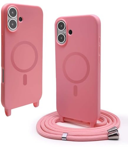 BGHHEU Handykette Hülle kompatibel mit iPhone 16 mit Band,Handyhülle Kompatibel mit MagSafe,Abnehmbar Kordel zum Umhängen Silikon Case Magnetische Handyhülle,Pink