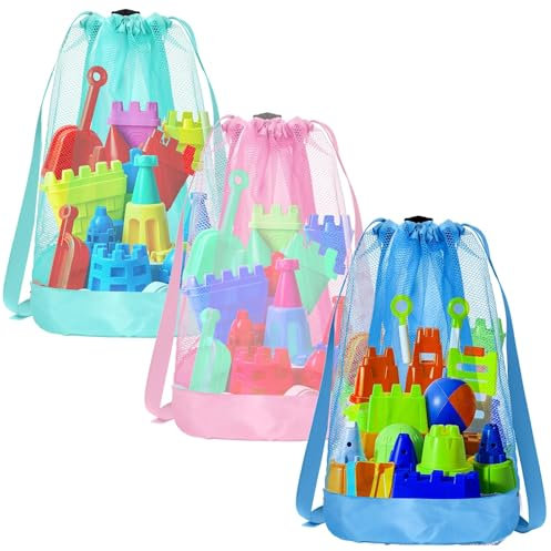 Sandspielzeug Rücksack Beutel, 3PCS Set strandtasche kinder, Netztaschen für Sandspielzeug, Perfekt für den Strand, Einfaches Tragen und Verstauen von Spielzeug, Ideal für den Sommerurlaub