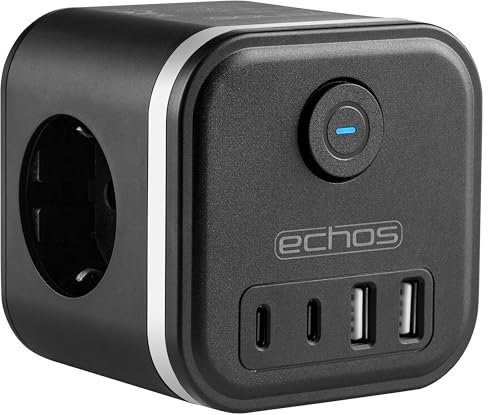 Echos - 7-in-1 Steckdosenwürfel ohne Kabel 3 Fach Mehrfachsteckdose mit USB C - Steckdosenleiste 4 Fach USB Mehrfachstecker mit Schalter Cube Steckdosenadapter mit Kindersicherung 3680W (Schwarz)