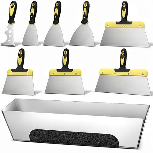 Lasnten 9 Piece Drywall Knife Set, Stainless Steel Drywall Hand Tool Kit Includes Taping Knives, Putty Knives, 12 Mud Pan, Painter Scrapers for Joint Taping, Finishing, Patching