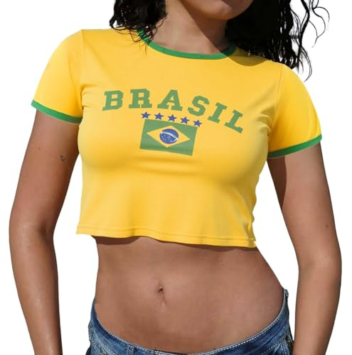 Y2K - Camiseta deportiva para mujer, cuello redondo, manga corta, verano, Brasil, sin vientre, adolescentes, niñas, vintage, uniformes de animadora, transpirables, ropa de calle, R Amarillo, S