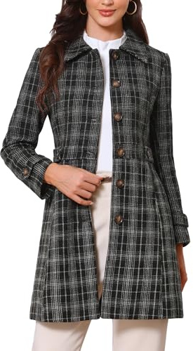 Allegra K Femme Manteau Caban Vintage Imprimé Carreaux Croisé Hiver | Col Claudine Tenue Chaude Poches Latérales Prêt pour le Travail Bureau Décontracté Chic