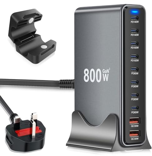 800W USB C Charging Station,GaN III 8 Port USB C Charger Hub,8×USB-C Ports 140W/100W/65W & 2×USB-A Ports 30W QC,Multiple Plug Fast Charger Power Adapter Compatible with Laptops, Phone for Travel