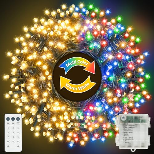 YIFMOO 20M 200LED Lichterkette Batterie, Warmweiß + Bunt Lichterketten Außen mit Timer/Fernbedienung, 12 Modi, Dimmbar Farbwechsel Weihnachtsbeleuchtung für Inne Party Balkon Weihnachten Hochzeit Deko