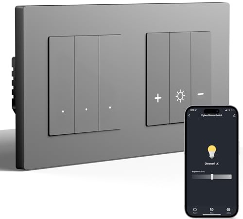 BSEED Variateur Zigbee et interrupteur Zigbee 3 gang 1 voie, interrupteur intelligent réglable mural compatible avec Amazon Alexa et Google Home, matériau PC, 240V, Gris