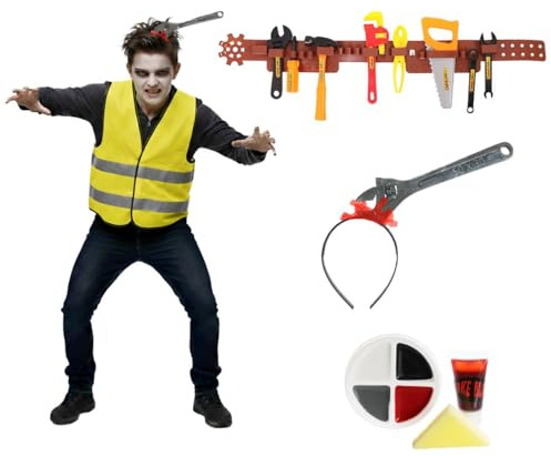 Zombie Builder für Kinder, klein, gelbe Warnweste, Schraubenschlüssel am Stirnband, Werkzeuggürtel mit 8 Werkzeugen, Gesichtsfarbe, Kunstblut – Kinder, Jungen, Mädchen, gruseliges Halloween-Kostüm