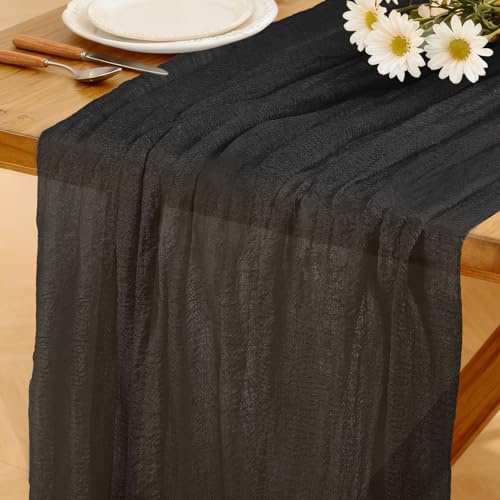 Mode Boho Tischläufer Schwarz, 280 X 80 cm Tischläufer aus Käsetuch Waschbar Rustikaler Läufer für Hochzeit, Silvesterparty, Babyparty, Brautparty Küche Tisch Dekoration