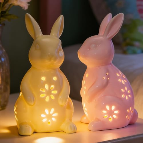 DN DECONATION Osterdeko Leuchtende Hasen Figuren - 2 Stück LED Keramik Hasen Statuen mit Blumen Ausschnitten, Rosa & Gelbe Leuchtende Osterdeko innen für Frühlings Tischdeko und Landhaus Dekoration