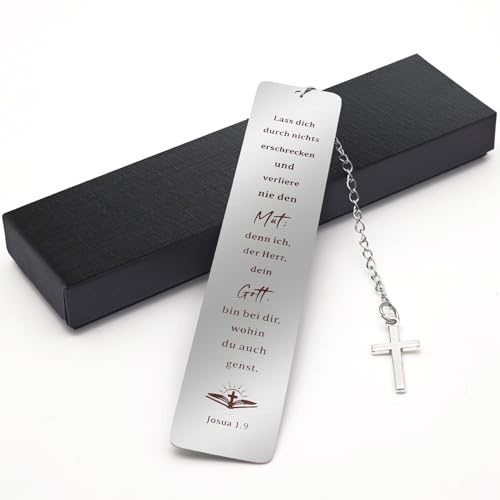 Christliches Edelstahl-Lesezeichen mit Geschenkbox für Buchliebhaber | Personalisiertes Buchzeichen, mit Kreuz-Anhänger & Graviertem Bibelspruch, Geschenk zur Kommunion, Taufe & Jahrestag