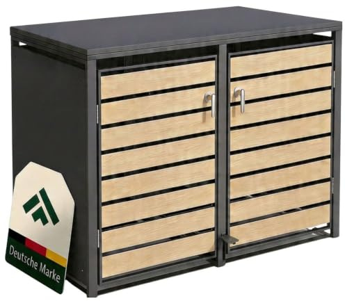 novaterra® Mülltonnenbox Metall Anthrazit für 2×240L - Premium Mülltonnenverkleidung mit Fußpedal, pulverbeschichtet, Holzoptik-Front - B 132 × T 80 × H 116 cm