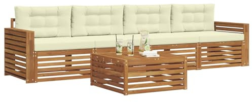 vidaXL Outdoor-Sofagarnitur mit Kissen 5 pcs Natur und Creme, Gartenlounge, modernes Outdoor-Sofa, Sitzmöbel für die Terrasse, langlebige Komfort-Einheit