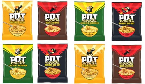 Pot Noodle Variety Pack, Instant Noodles, Original Curry, Beef & Tomato, Chicken & Mushroom, Bombay Bad Boy Flavours - (Pack of 8)