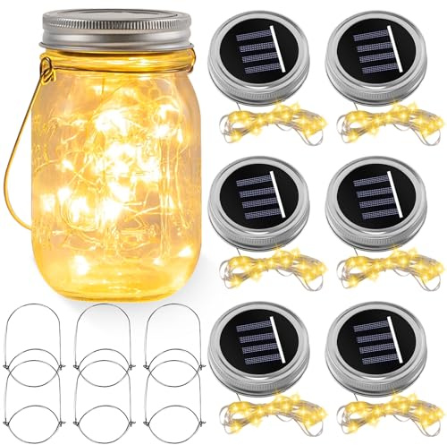 6 Stück Solarlampen für Außen, Silber Wire Fairy Deckel Licht Solar Deckel, 30 Warmweiß LED Lampen, Sonnenglas Original für Glas Mason Jar, Garten Baum Balkon Deko, Einmachgläser Nicht Enthalten