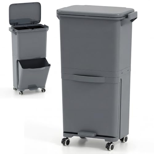 COSTWAY 40L Recycling Bins with 3 Compartments, 2 Removable Buckets, Wheels | Pedal Bin Trash Can, Classification Stickers, Handle, Vertical Waste Separation System Garbage Can for Home Office