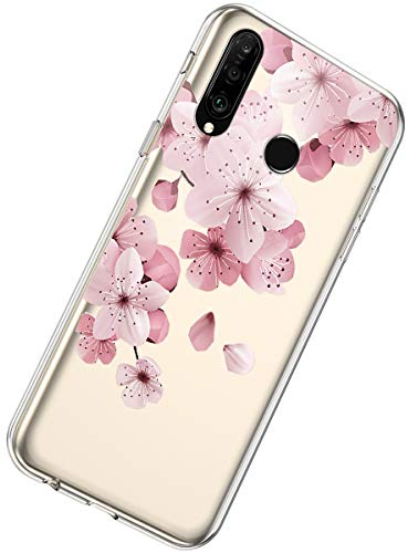 Herbests Kompatibel mit Huawei P30 Lite Hülle Durchsichtige Silikon Schutzhülle Transparent Mit Muster Motiv Blumen Weich TPU HandyHülle Ultradünn Clear Backcover Case,Pfirsichblüte