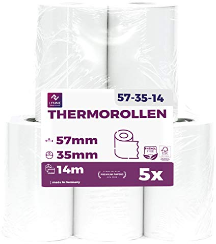 Ec-Cash Thermorollen 57mm x 14m x 12mm - Kassenrollen - Thermopapier - Bonrollen für Bankomat - Kredit-Kartenlesegeräte (57x35x12) (5 Rollen)