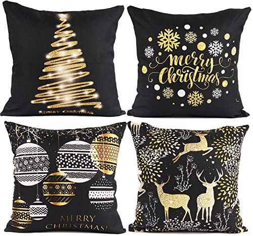 BETESSIN 4 Stücke Weihnachten Kissenbezüge Weihnachtskissenhülle Leinen Deko Kissenbezüge 45×45cm Sofa Kissenbezug Weihnachtesdeko Homedeko - Ohne Kissen