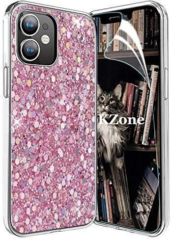 OKZone Compatible with iPhone 13 Mini (5.4 Inches) Case [with HD Screen Protector], Bling Glitter Sparkle Design Slim Fit Soft Gel TPU Silicone Skin Cover Anti-scratch Protective Case (Pink)
