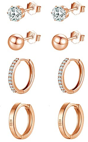 wynn's Sterling Silver Stud Earrings for Women, Rose Gold Stud Earrings & Hoop Earrings Set, 4 Pairs Small Cartilage Sleepers Studs Hoops Earrings Set, 4mm Studs & 12mm Hoops, Rose Gold Earrings