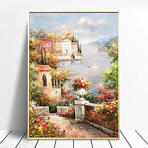 XIANGPEIFBH Abstrakte Blumenlandschaft Poster und Drucke Mittelmeer Garten Ölgemälde auf Leinwand Wandkunst Bild für Wohnzimmer 50x70cm(20x28in) Innenrahmen