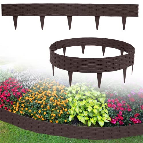 LZQ 10m Rasenkante Kunststoff Beeteinfassung Rund, Beeteinfassung Beetumrandungen Rattan-Design Palisaden mit 10 Elemente á 1m (Braun)